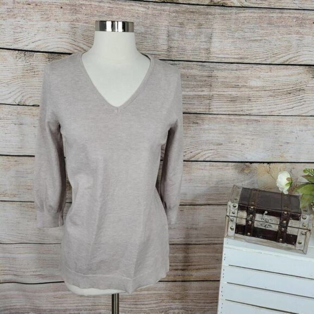Cyrus Tan Brown V Neck Sweater Size‎ S 3/4 Sleeve Side Slit Ribbed Kni Trim